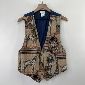 Vintage Tapestry Vest Sz L Jacket Novelty Riding Equestrian Dogs Regency USA